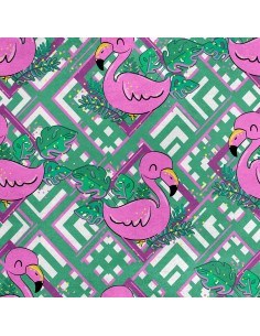 Royal Samt Stoff Polyester Zum Nähen - Motiv Flamingo und Blätter