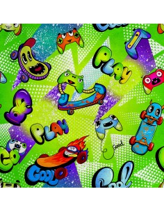 Royal Samt Stoff Polyester Zum Nähen - Motiv Bunte Skateboards
