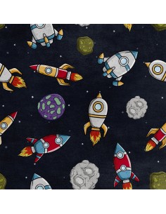 Royal Samt Stoff Polyester Zum Nähen - Motiv Raketen im Weltall