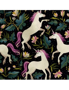 Royal Samt Stoff Polyester Zum Nähen - Motiv Einhorn in Blumen