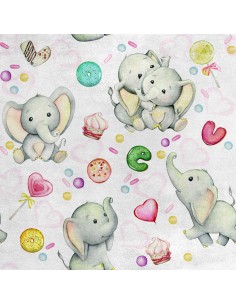 Royal Samt Stoff Polyester Zum Nähen - Motiv Elefant und Süßigkeiten
