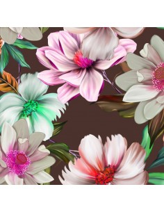 OUTDOOR DEKOSTOFFE OXFORD - Motiv rosa Blüten auf braunem I DR120