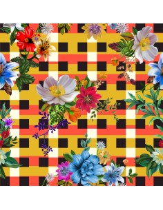 OUTDOOR DEKOSTOFFE OXFORD - Motiv bunte Blumen auf einem karierten Muster I DR130