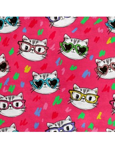 Royal Samt Stoff Polyester Zum Nähen - Motiv Kätzchen mit Brille auf rosa