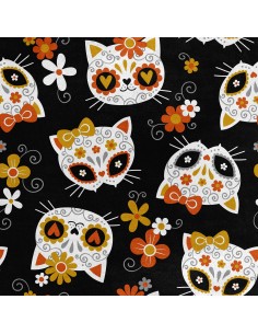 Royal Samt Stoff Polyester Zum Nähen - Motiv Katzenschädel in Blumen