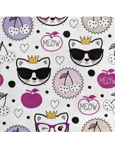 Royal Samt Stoff Polyester Zum Nähen - Motiv Kätzchen mit Brille, Apfel und Kirsche
