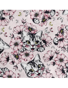 Royal Samt Stoff Polyester Zum Nähen - Motiv Blumen mit einer Katze