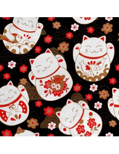 Royal Samt Stoff Polyester Zum Nähen - Motiv Maneki Neko Glückskatze