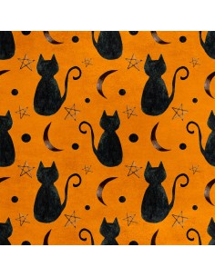 Royal Samt Stoff Polyester Zum Nähen - Motiv schwarze Katze auf einem orangefarbenen