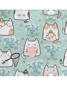Royal Samt Stoff Polyester Zum Nähen - Motiv Katze auf der Wiese