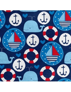 Royal Samt Stoff Polyester Zum Nähen - Motiv Segelboote, Wale