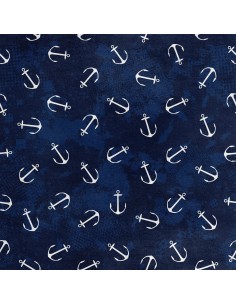 Royal Samt Stoff Polyester Zum Nähen - Motiv Anker auf marineblauem