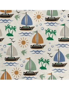 Royal Samt Stoff Polyester Zum Nähen - Motiv Palmen Segelboot Sonne