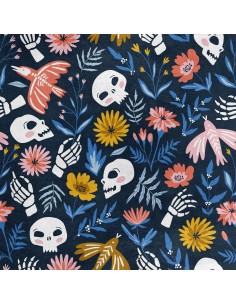 Royal Samt Stoff Polyester Zum Nähen - Motiv Skelette in Blumen