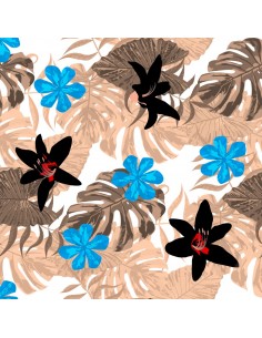 OUTDOOR DEKOSTOFFE OXFORD - Motiv schwarze Blüten auf Palmblättern I DR189