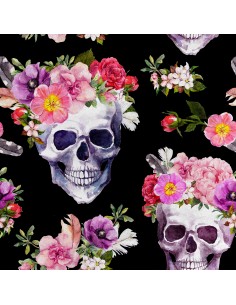 Royal Samt Stoff Polyester Zum Nähen - Motiv Schädel mit Blumen