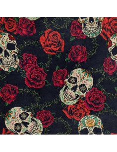 Royal Samt Stoff Polyester Zum Nähen - Motiv Totenköpfe und Rosen mit Dornen