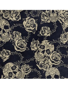 Royal Samt Stoff Polyester Zum Nähen - Motiv Totenköpfe und Rosen mit Dornen 2