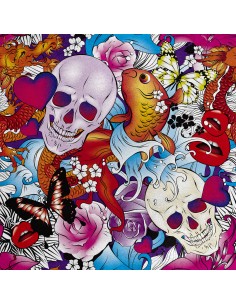 Royal Samt Stoff Polyester Zum Nähen - Motiv Schädel Schmetterlinge Herz Blumen