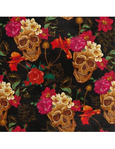 Royal Samt Stoff Polyester Zum Nähen - Motiv Schädel und Blumen