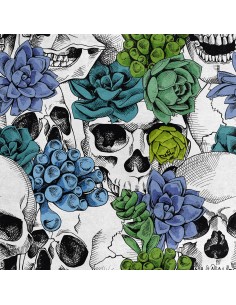 Royal Samt Stoff Polyester Zum Nähen - Motiv Totenköpfe und Blumen auf schwarzem