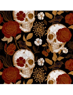 Royal Samt Stoff Polyester Zum Nähen - Motiv Schädel Blumen Vögel