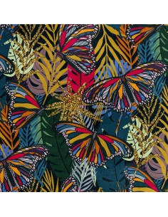 Royal Samt Stoff Polyester Zum Nähen - Motiv bunte Schmetterlinge auf den Blättern