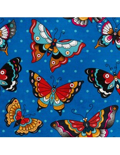 Royal Samt Stoff Polyester Zum Nähen - Motiv Schmetterlinge auf blauem gepunktetem