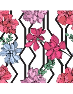 OUTDOOR DEKOSTOFFE OXFORD - Motiv rosa Blumen auf geometrischen Streifen I DR193