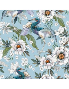 OUTDOOR DEKOSTOFFE OXFORD - Motiv Reiher mit weißen Blüten I DR194