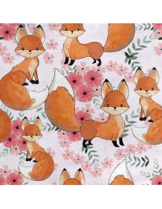 Royal Samt Stoff Polyester Zum Nähen - Motiv Fuchs in rosa Blüten