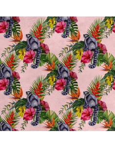 Royal Samt Stoff Polyester Zum Nähen - Motiv Lemur auf Blumen