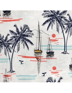 Royal Samt Stoff Polyester Zum Nähen - Motiv Palmen Segelboote