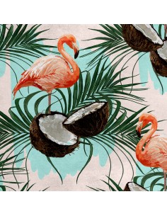 Royal Samt Stoff Polyester Zum Nähen - Motiv Flamingo und Kokosnuss