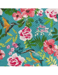 Royal Samt Stoff Polyester Zum Nähen - Motiv Blumen und Eisvogel