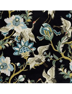Royal Samt Stoff Polyester Zum Nähen - Motiv Kranich und Blumen