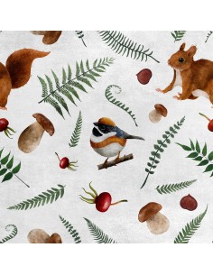 Royal Samt Stoff Polyester Zum Nähen - Motiv Eichhörnchen und Vogel