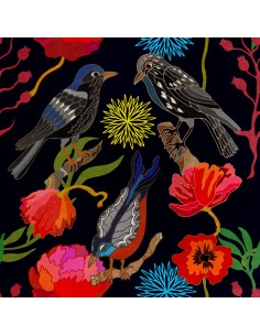 Royal Samt Stoff Polyester Zum Nähen - Motiv Vögel und Mohn