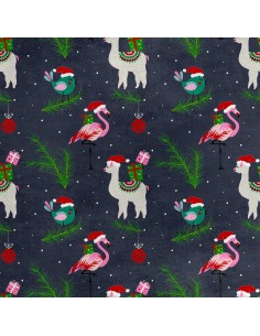 Royal Samt Stoff Polyester Zum Nähen - Motiv Flamingo und Lama mit Geschenken