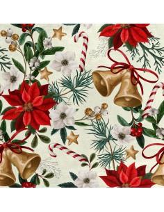 Royal Samt Stoff Polyester Zum Nähen - Motiv Weihnachtsglocken und Blumen