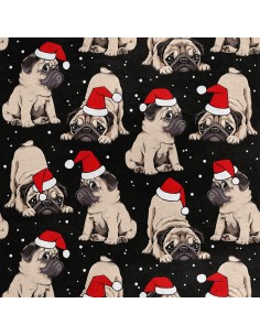 Royal Samt Stoff Polyester Zum Nähen - Motiv Möpse in Weihnachtsmütze