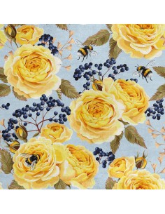 Royal Samt Stoff Polyester Zum Nähen - Motiv gelbe Rosen auf blauem