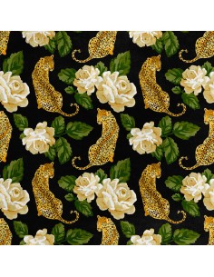 Royal Samt Stoff Polyester Zum Nähen - Motiv Leopard und Rosen