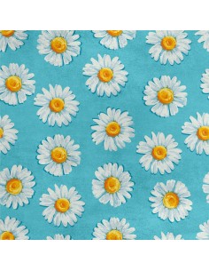 Royal Samt Stoff Polyester Zum Nähen - Motiv gemalte Gänseblümchen auf blauem