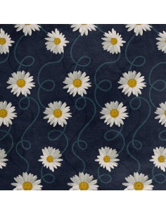 Royal Samt Stoff Polyester Zum Nähen - Motiv Gänseblümchen auf marineblauem