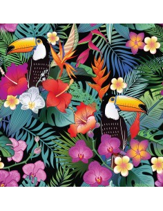 OUTDOOR DEKOSTOFFE OXFORD - Motiv Tukan in bunten Blumen I DR213